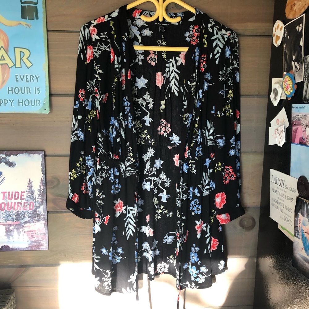 Hilary Radley Black Floral Top/Kimono Size S/M